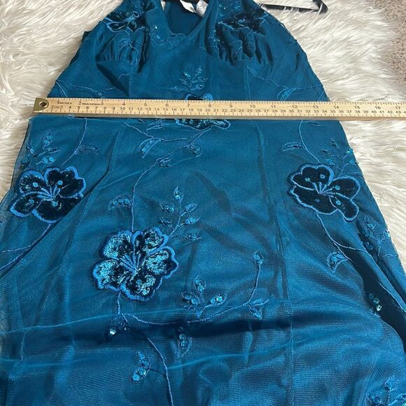 Vintage Newport News Dress Womens Halter y2k 90s embroidered sequin Fairy Teal - Picture 11 of 12